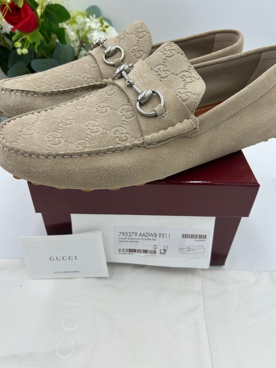 Men\'s Gucci oatmeal GG suede driver loafers size 11 fits 12 US made in Italy main image 8